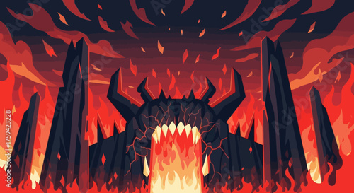 Fiery Gate to Hell with Horned Skull and Lava.
