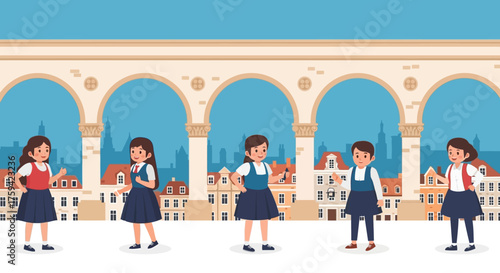 Five young schoolgirls in uniform standing together, ready for school.