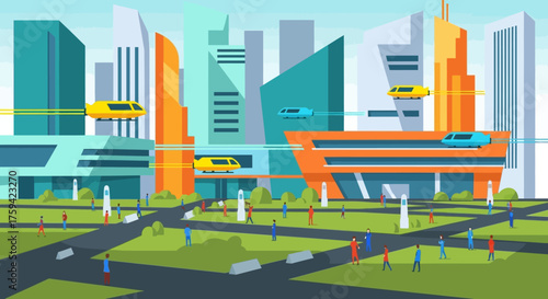Futuristic Cityscape with Advanced Transportation Systems and Modern Architecture.