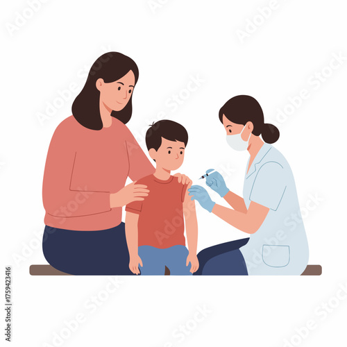 Flat Illustration of Child Vaccination by Nurse with Parent Support Healthcare