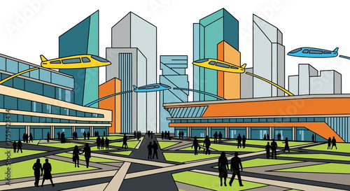 Futuristic Cityscape with Flying Vehicles and Pedestrians.