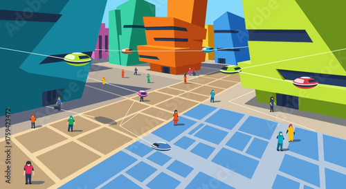 Futuristic Cityscape with Pedestrians and Flying Vehicles.