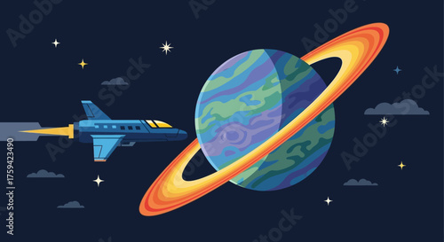 Futuristic Space Travel - Airplane Flying Past Ringed Planet.