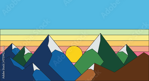 Geometric Mountain Landscape with Rising Sun and Colorful Sky Illustration.