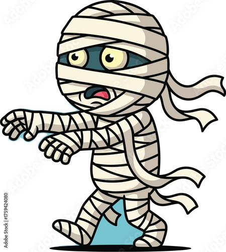 Vector art of cute cartoon mummy with bandages, isolated on blue background