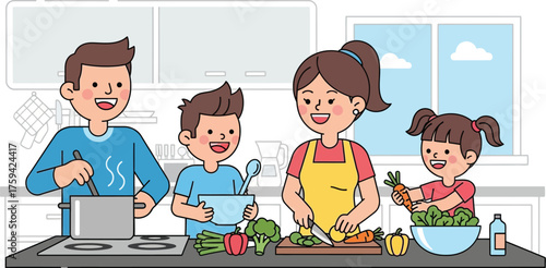 Vector art of family cooking together in a modern kitchen