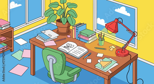 Illustration of a Study Desk with Books, Lamp, and Plant.
