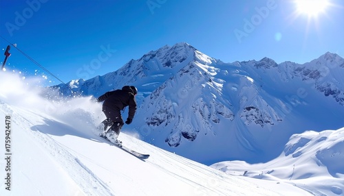 Young snowboarder riding a steep slope snowy mountains, dynamic action shot