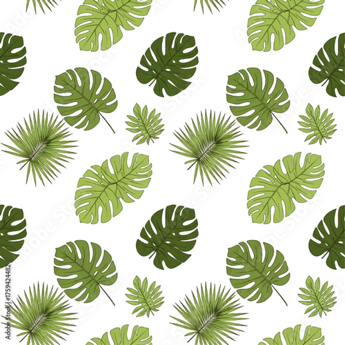 A seamless pattern of various green tropical leaves, including monstera and palm fronds, arranged on a white background in a repeating design.