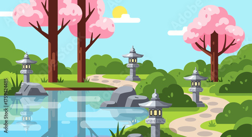 Japanese Garden with Cherry Blossom Trees and Stone Lanterns.