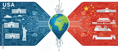Global digital competition connects United States and Chinese landmarks.