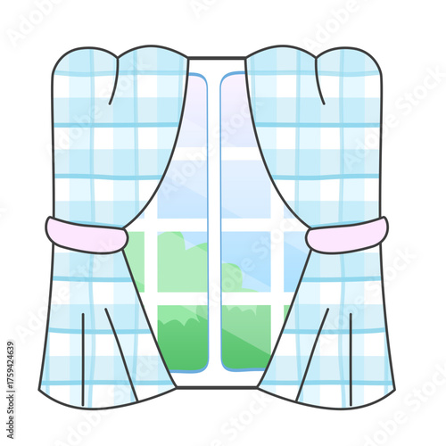 Window with Checkered Blue Curtains and Green View
