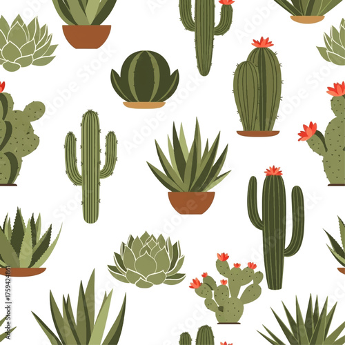 A seamless pattern of various cacti and succulents in pots on a white background, featuring a Botani seamless design with diverse green plants and flowers.