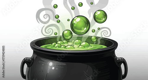 Black cauldron bubbles with glowing green toxic potion vapors and floating.