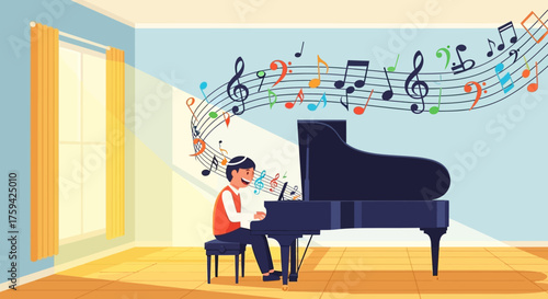 Man playing piano with musical notes illustration.