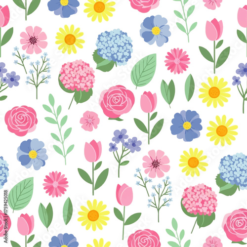 Vibrant Botani Seamless Pattern featuring a colorful array of flowers and leaves on a white background with a lively and playful mood.