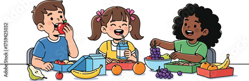 Vector art of three diverse children eating healthy lunch