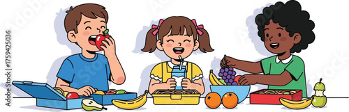 Vector art of three diverse children eating healthy lunch