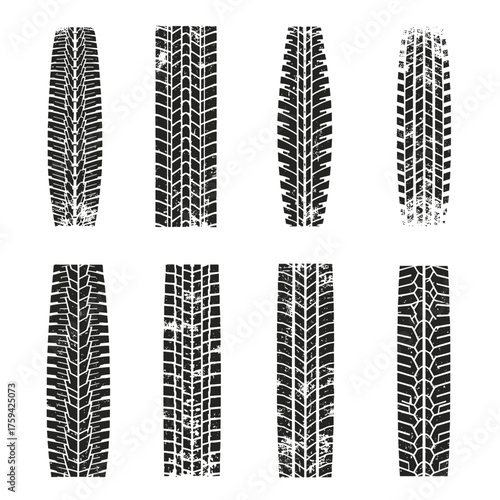 A collection of various tire tread patterns on a white background.