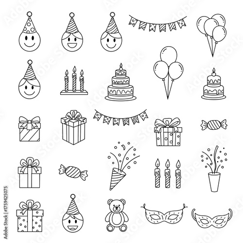Collection of festive birthday party elements including cakes balloons hats gifts and masks for celebration.