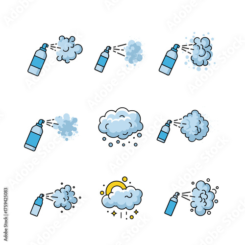 Illustrations of aerosol spray cans emitting clouds of mist and particulate matter including a crescent moon icon within a cloud.