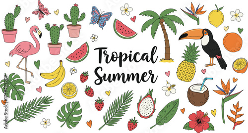 Tropical summer doodle illustration, exotic fruits and flowers, palm trees and birds, colorful vacation vector design with handwritten typography