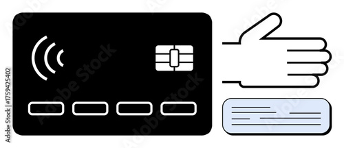 Contactless card with NFC icon, hand gesture, and verification screen. Ideal for finance, banking, technology, contactless payments, security digital wallets and modern transactions. Simple flat