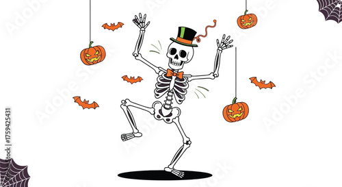 Dancing skeleton wearing a top hat celebrates spooky Halloween festivity.