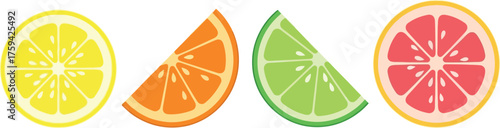 Citrus fruit slices including lemon, orange, lime, and grapefruit are.