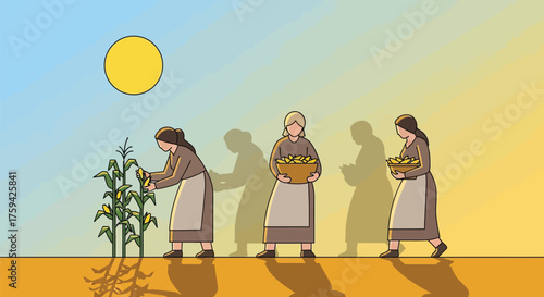 Vector art of women harvesting corn in a field under a bright sun, symbolizing agriculture