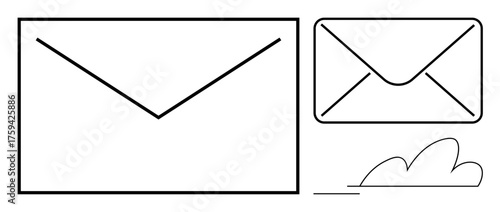 Two outlined envelopes of different sizes paired with a simple cloud outline evoke themes of email, communication, networking, connection, digital messaging, correspondence, branding, and simplicity