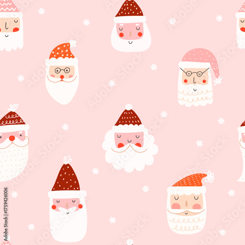 Santa claus faces with hats and snowflakes pattern for holiday design. Vector