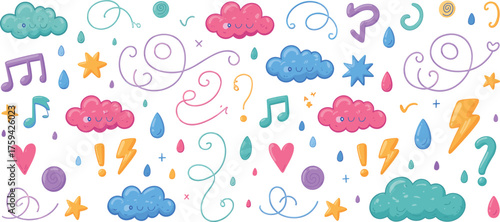 Colorful cartoon sticker set with cute stars clouds raindrops lightning bolts and musical notes in playful doodle style