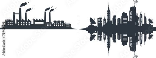 Vector art of industrial factory and modern city skyline silhouette reflection
