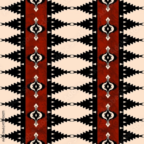 American ethnic tribal fabric pattern features rich red tones in a sharp geometric style, set ethnic a deep black background for maximum contrast and visual impact. The design ethnic  traditional tri