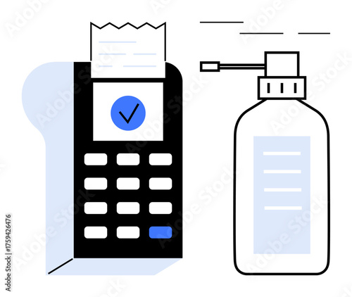 Payment terminal with receipt and sanitizer pump bottle. Ideal for retail safety, contactless shopping, hygiene, modern transactions, self-service, cashless payments, simple flat metaphor