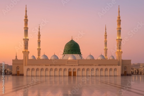 Symmetrical Wide Shot of Al-Masjid an-Nabawi Domes and Minarets, madina