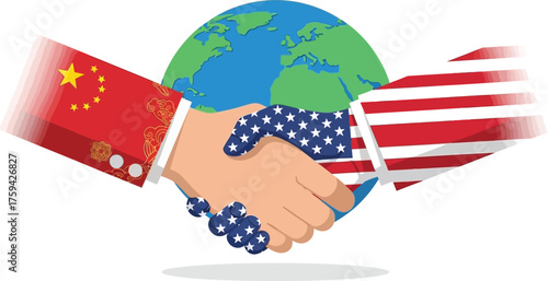 Vector art of handshake between china and usa flags with globe background