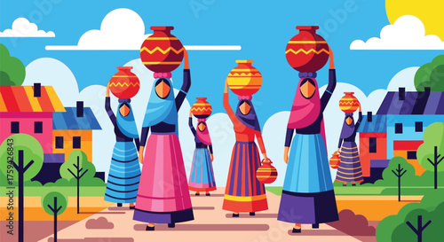 Vector art of women carrying water pots on their heads in a village