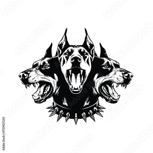 vintage style black and white illustration of three fierce Doberman dogs with sharp teeth