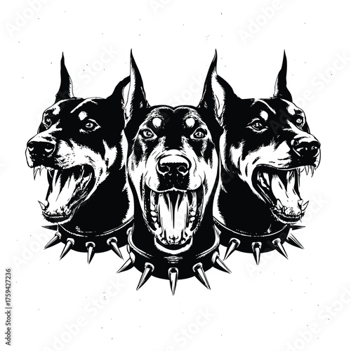vintage style black and white illustration of three fierce Doberman dogs with sharp teeth