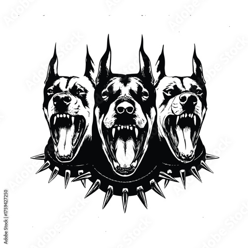 vintage style black and white illustration of three fierce Doberman dogs with sharp teeth