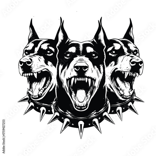 vintage style black and white illustration of three fierce Doberman dogs with sharp teeth