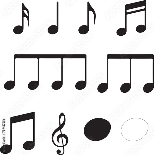 A collection of various musical notes and symbols, including quarter, half, eighth, and whole notes, along with a treble clef.