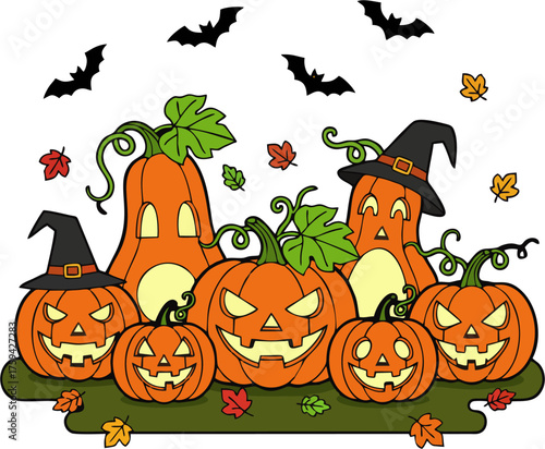Cartoon Halloween Pumpkin Patch Vector Illustration, Jack-o-Lanterns, Witch Hats, Bats, Pumpkin Vines, Autumn Leaves