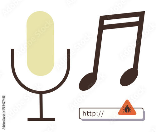 Microphone, music note, and infected URL warning triangle with a bug symbol highlight music streaming risks. Ideal for cybersecurity, malware, audio streaming, hacking threats, digital safety, tech