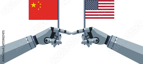Vector art of robotic hands holding flags of china and usa