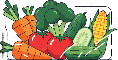 Vector art of assortment of fresh vegetables including carrots, tomatoes, broccoli, cucumber