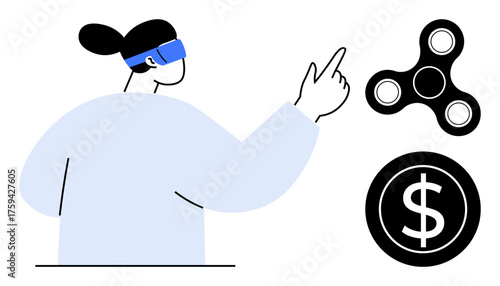 Woman wearing a virtual reality headset pointing at highlighted digital symbols of a fidget spinner and dollar. Ideal for technology, gaming, finance, innovation, entertainment, interactivity, modern