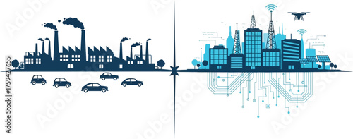 Vector art of industrial city versus smart city with technology and innovation